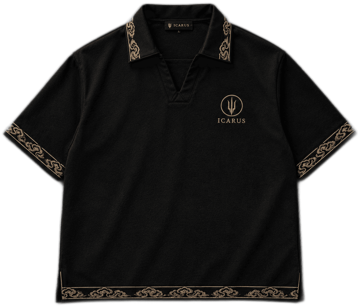 Black Icarus polo with gold embroidery, background removed