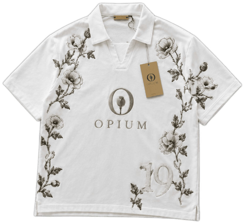 Cream embroidered Opium polo front, background removed