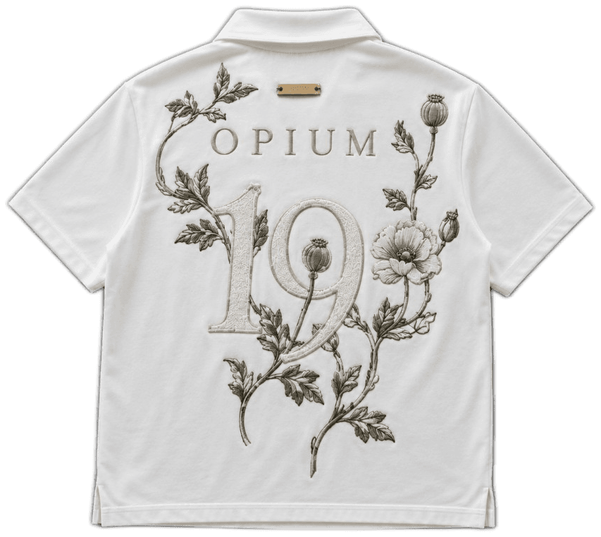 Cream embroidered Opium polo back, background removed